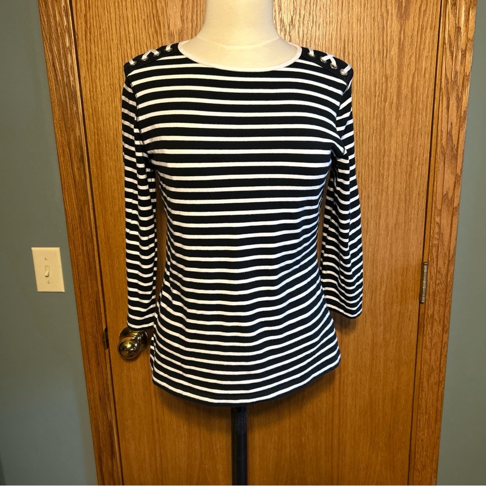 Chaps Womens Pullover Shirt Top Large Black White Stripe Nautical